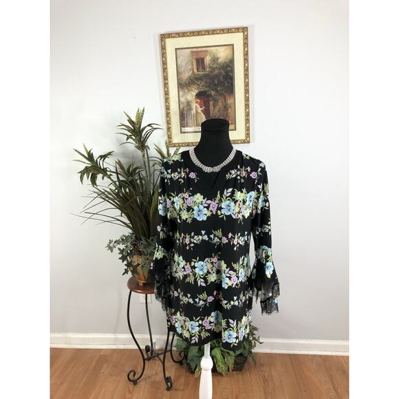 Allison Daley Women Blouse SM Bell Sleeve With Lace Hem Y2K Coastal Beach Boho - Picture 1 of 9